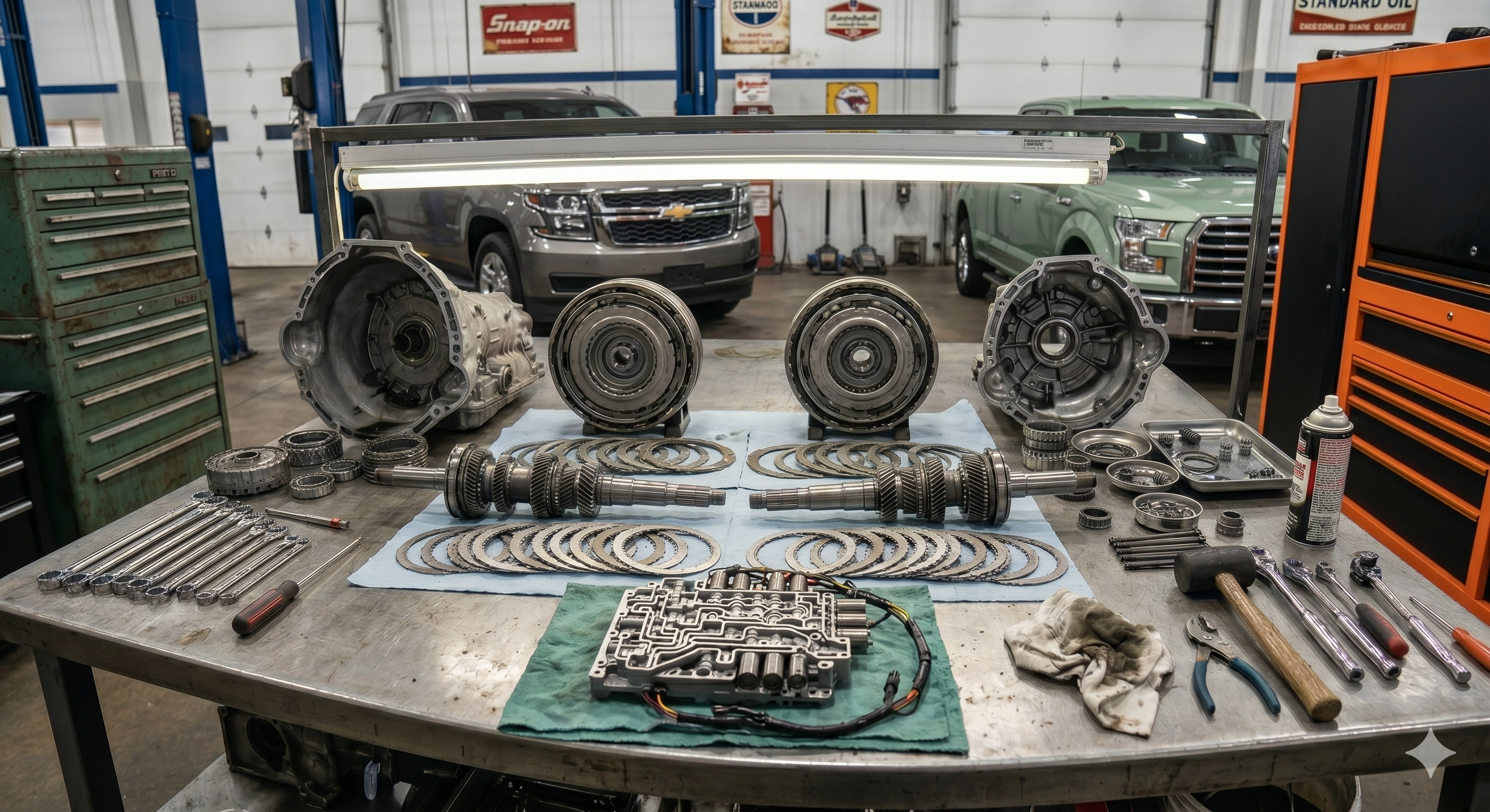 Transmission teardown on shop workbench